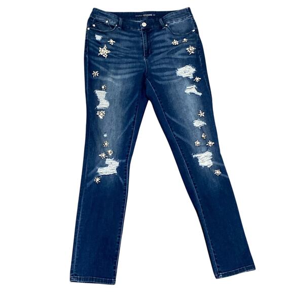 CHICOS Skinny Jean Womens Sz 6 Rhinestone Pearl Star Design Distressed Stretch - Picture 1 of 6